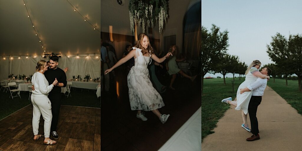 3 photos side by side, the left is of a bride and groom in sweat pants and sweaters dancing during their wedding reception underneath a string lit tent, the middle is of a bride dancing with other wedding guests underneath some flowers, the right is of a bride being lifted in the air by a groom as the two look at each other while standing on a sidewalk lined with trees