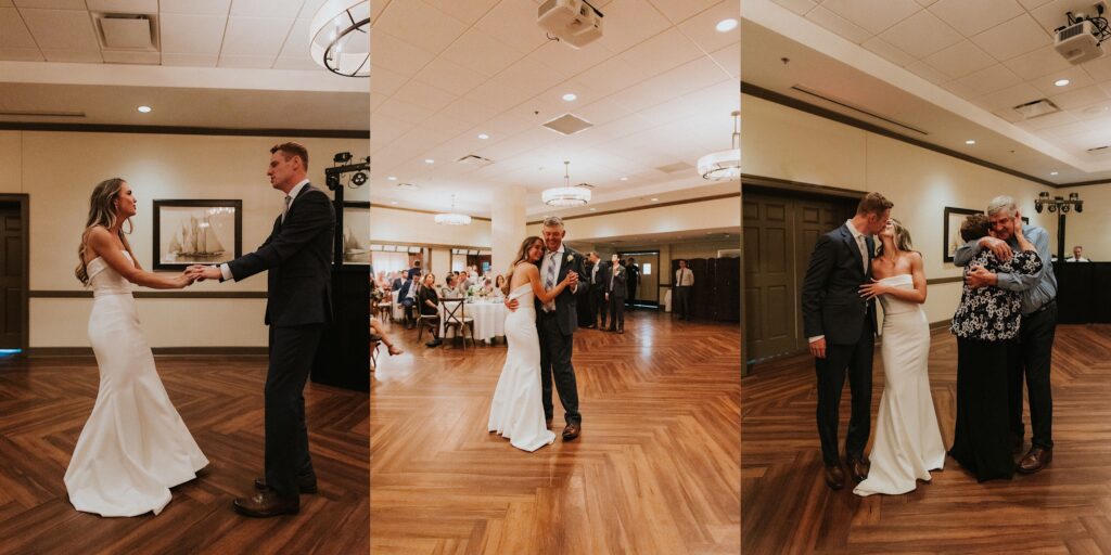 3 photos side by side, the left is of a bride and groom dancing during their indoor wedding reception, the middle is of the same bride dancing with her father, and the right is of the bride and groom kissing one another while their grandparents dance next to them