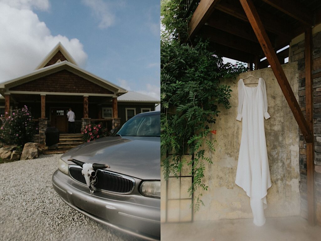 2 photos side by side, the left is of a car outside a house with a skull ornament on the front bumper, the right is of a wedding dress hanging in front of a stone wall