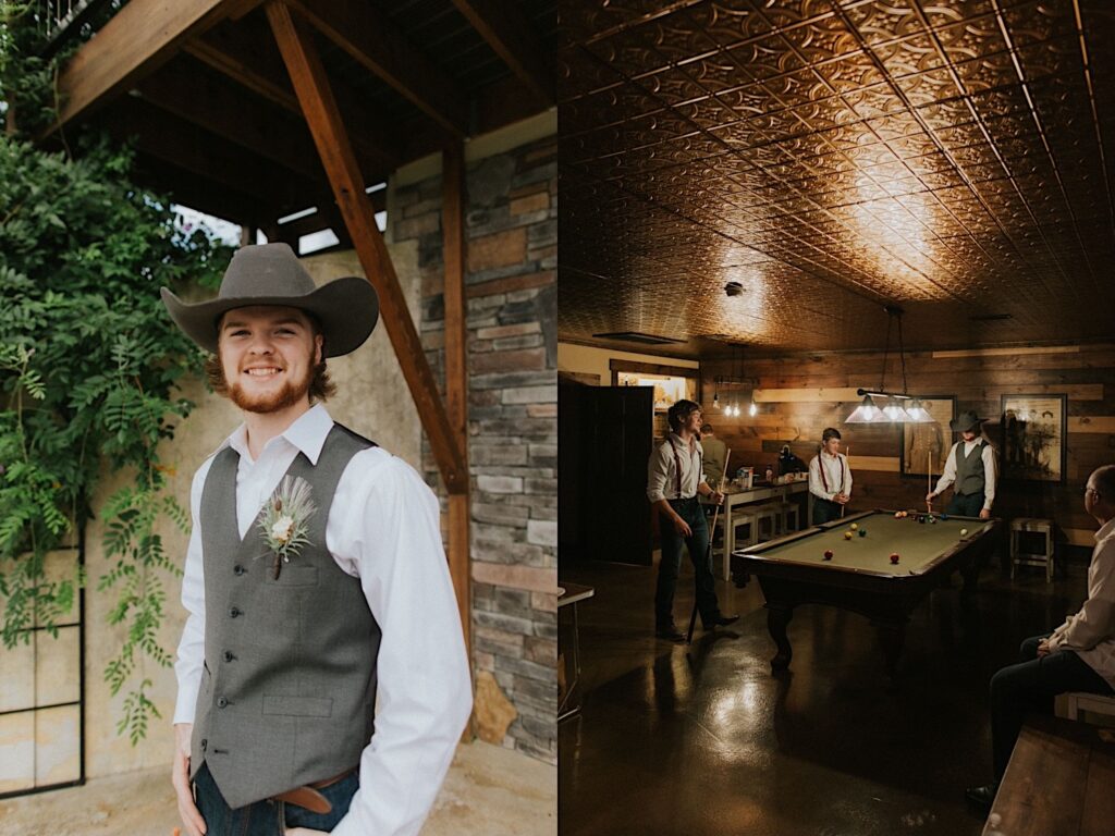 2 photos side by side, the left is of a groom smiling at the camera, the right is of the groom and some wedding guests standing around a pool table in the basement of the Airbnb they are at