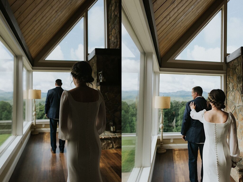 2 photos side by side of a bride and her father about to have a first look, the left photo is of the bride standing behind her father and the right photo is of her tapping him on the shoulder