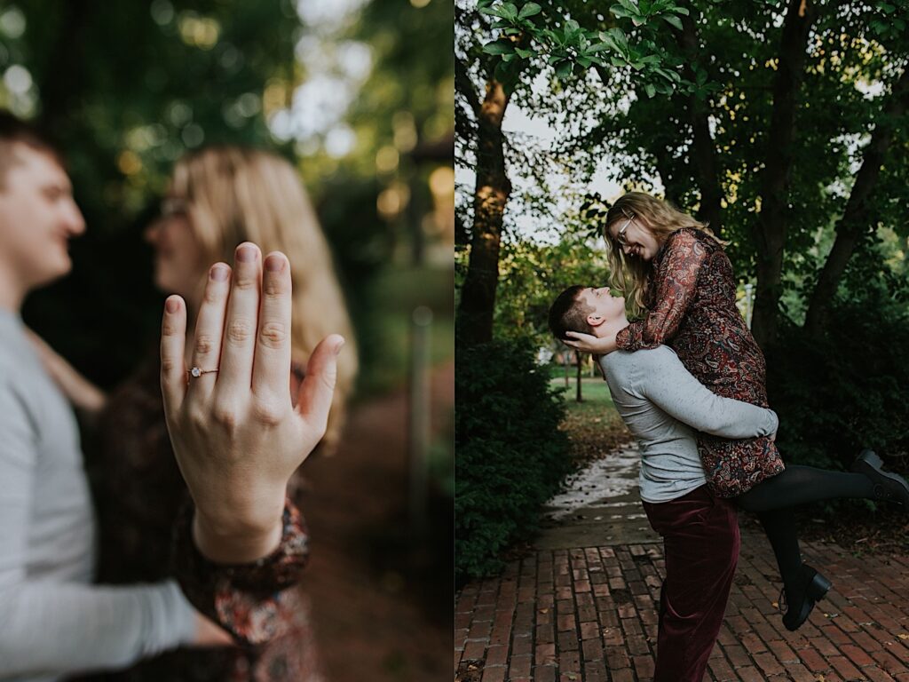 2 photos side by side, the left is a close up of a woman's hand with an engagement ring on it, the couple is out of focus in the background. In the right photo the couple smile at one another as the man lifts the woman in the air