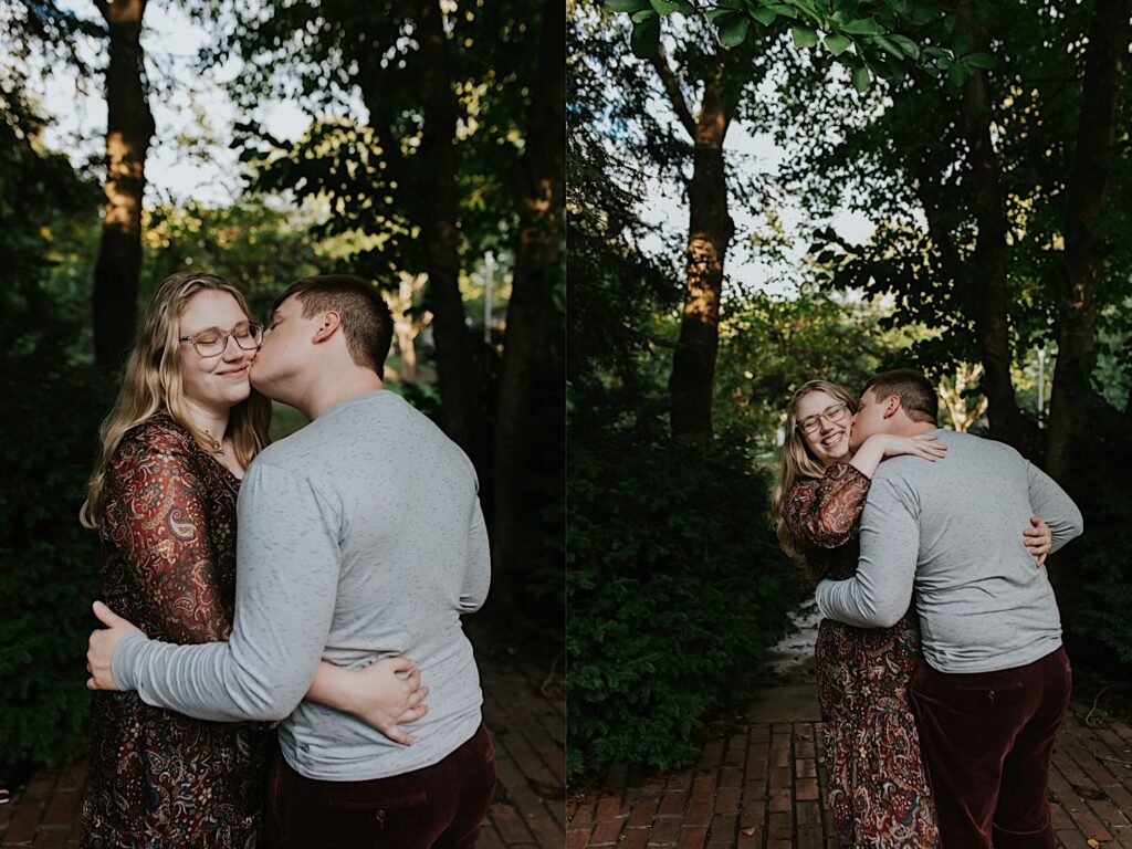 2 photos side by side of a couple in a park, in both photos the man is kissing the woman on the cheek while she smiles with her eyes closed towards the camera