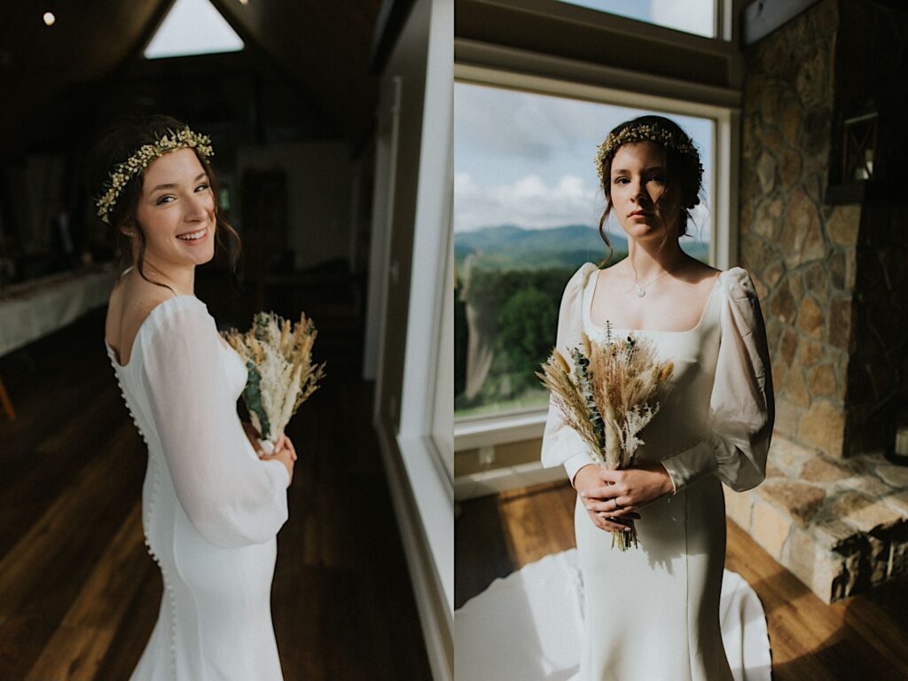 2 photos side by side of a bride in her wedding dress, the left is of her smiling at the camera and the right is of her with a serious face