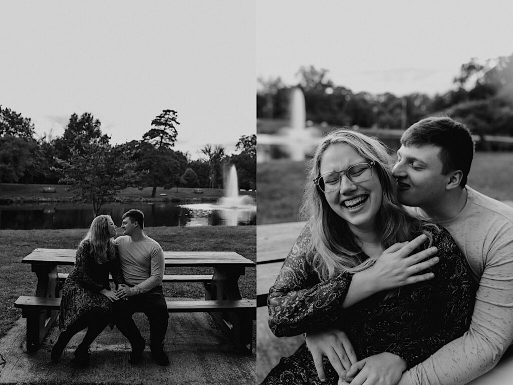 2 black and white photos side by side, the left is of a man and a woman sitting next to one another at a picnic table in a park about to kiss, the right is of the same couple and the woman is laughing as the man whispers something in her ear
