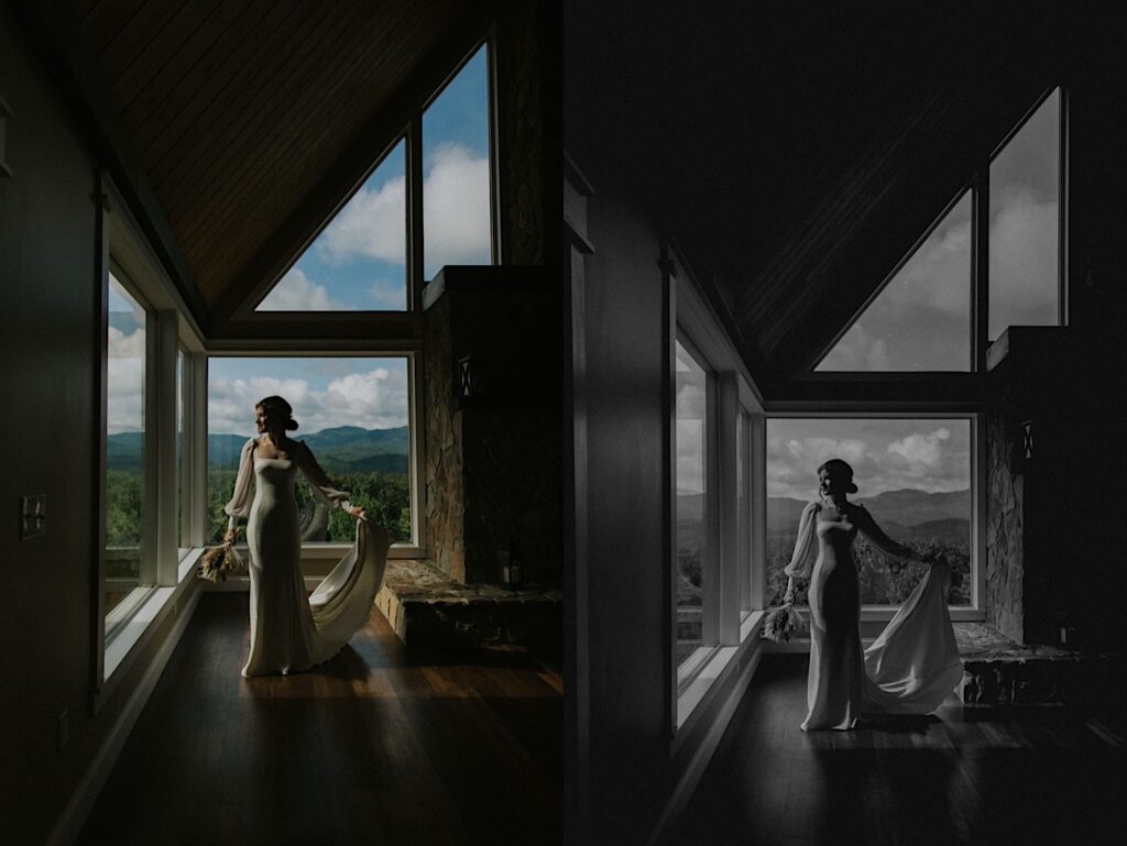 2 photos side by side of a bride playing with her wedding dress in front of a window, the right is a black and white photo