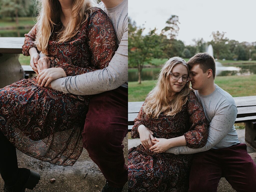 2 photos side by side of a man and a woman sitting at a picnic table in a park together, the left is a close up of the woman's dress and the right is of the man hugging the woman as they both close their eyes