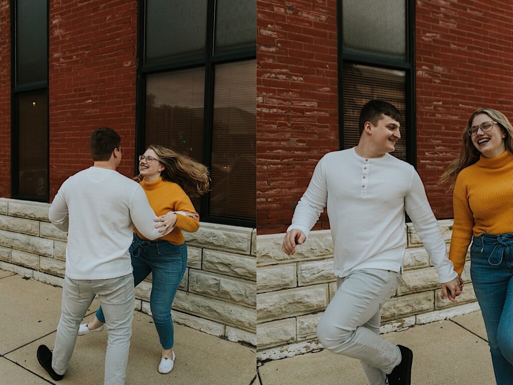 2 photos side by side of a couple walking with one another in front of a brick building, the left photo they are smiling at one another and in the right photo the man is skipping while looking back at the woman