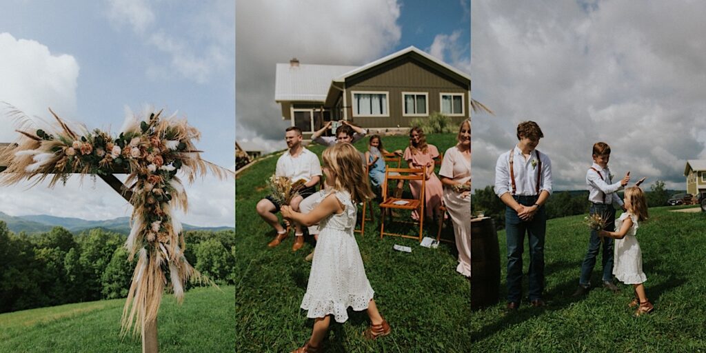 3 photos side by side, the left is of florals decorating a wedding arch, the middle is of a flower girl standing in front of wedding guests, the right is of the same flower girl getting a high five from one of the groomsmen