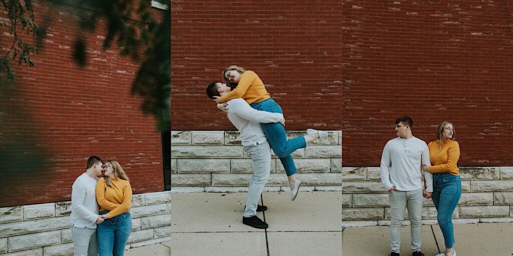 3 photos side by side of a couple in front of a brick wall, the left is of them standing together and about to kiss, the middle is of the man lifting the woman in the air, and the right is of them standing next to one another looking in opposite directions