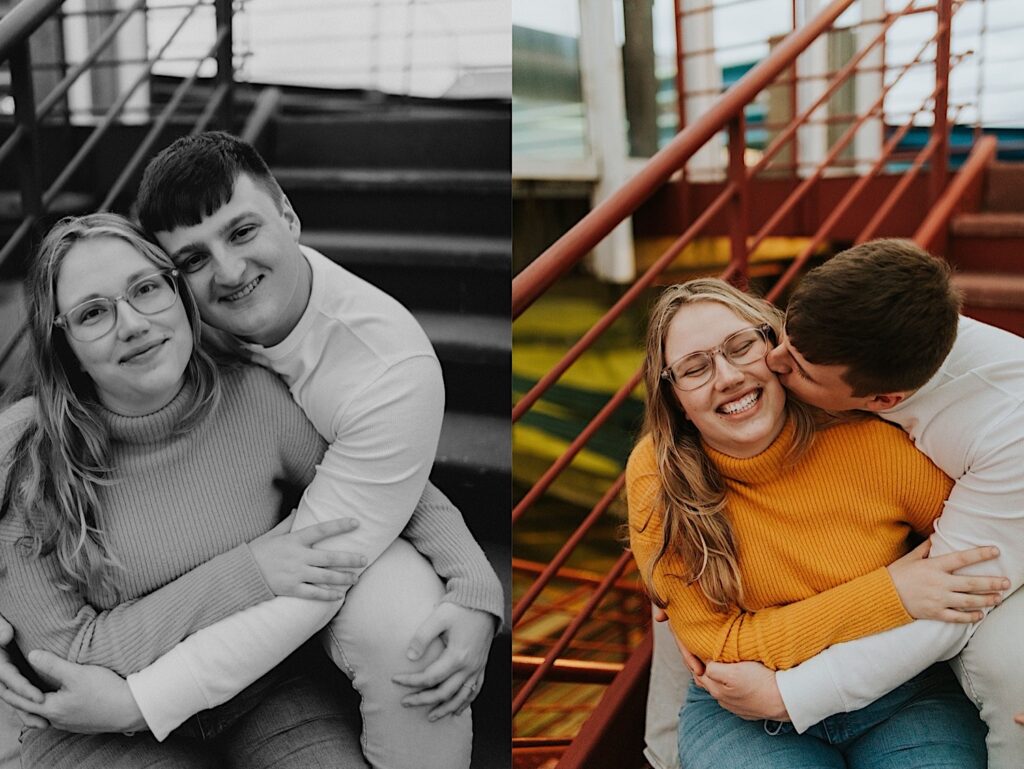 2 photos side by side, the left is in black and white and is of a couple sitting together on an outdoor staircase and smiling at the camera, the right photo is of the same couple in the same spot but in color and the man is kissing the woman on the cheek