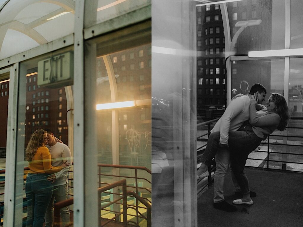 2 photos side by side of a couple together underneath an overhang, the right is in color and is of the man kissing the woman on the cheek, the right is in black and white and is of the man lifting one of the woman's legs as she smiles