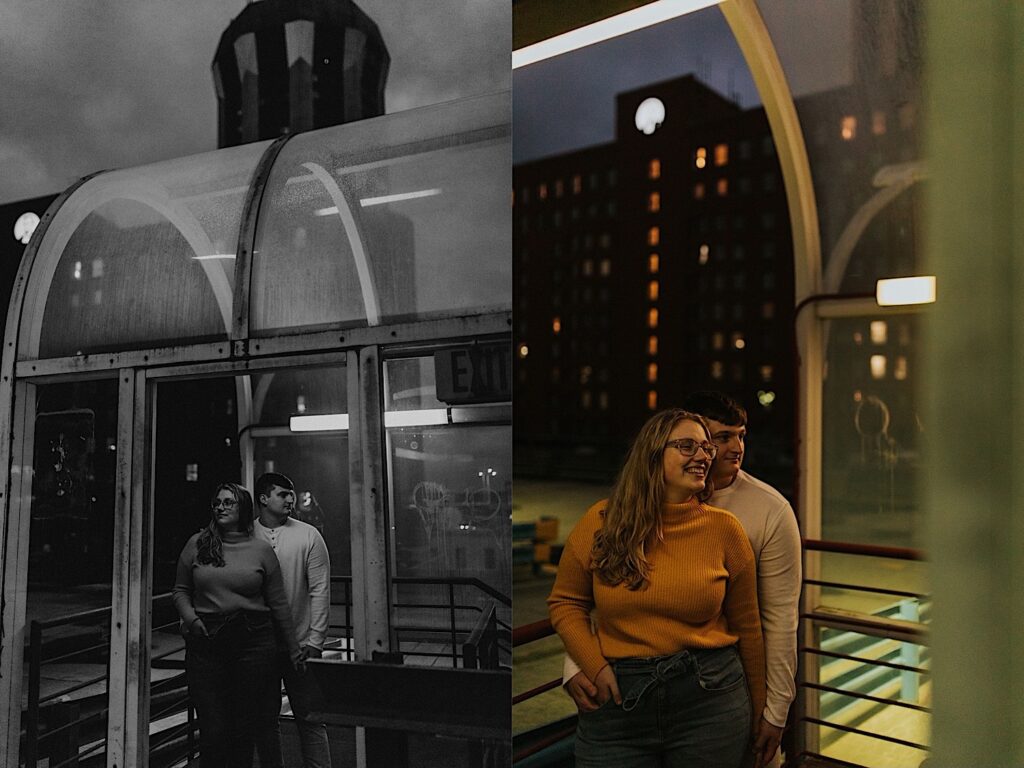 2 photos side by side of a couple underneath a clear overhang, the left is in black and white and the couple look in opposite directions from one another, the right is in color and is of the couple smiling looking in the same direction