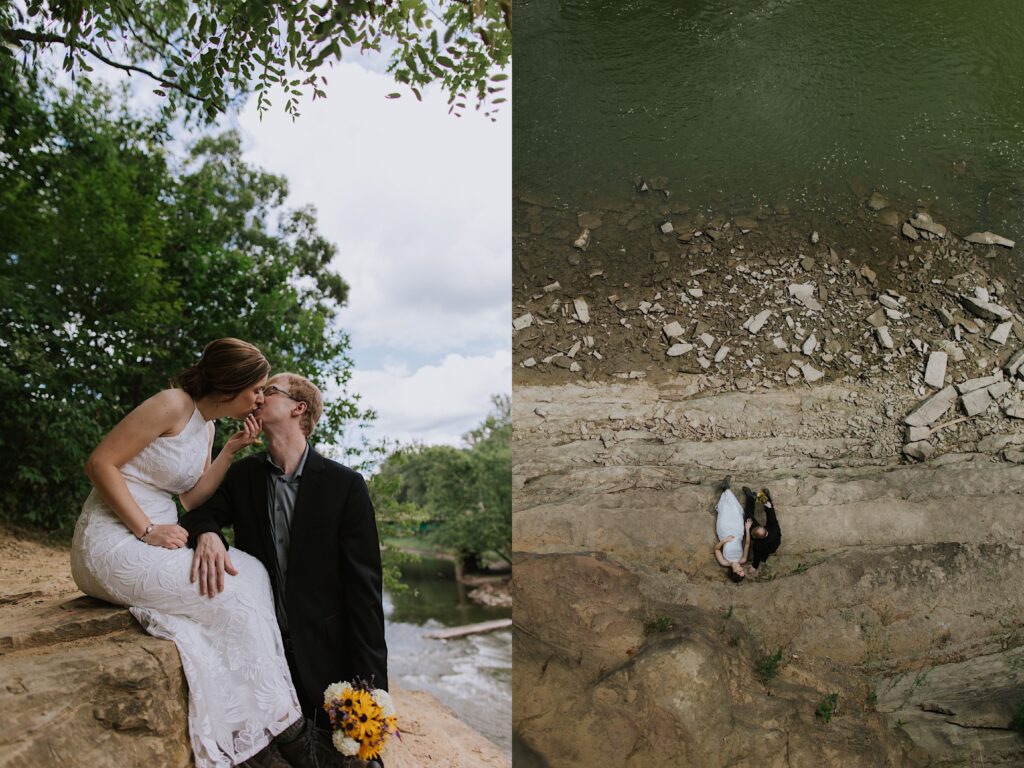 2 photos side by side of a bride and groom at Carpenter Park, the left is of the bride sitting on a rock and kissing the groom standing in front of her while next to a river, the right is an aerial photo of the couple sitting next to one another near the river