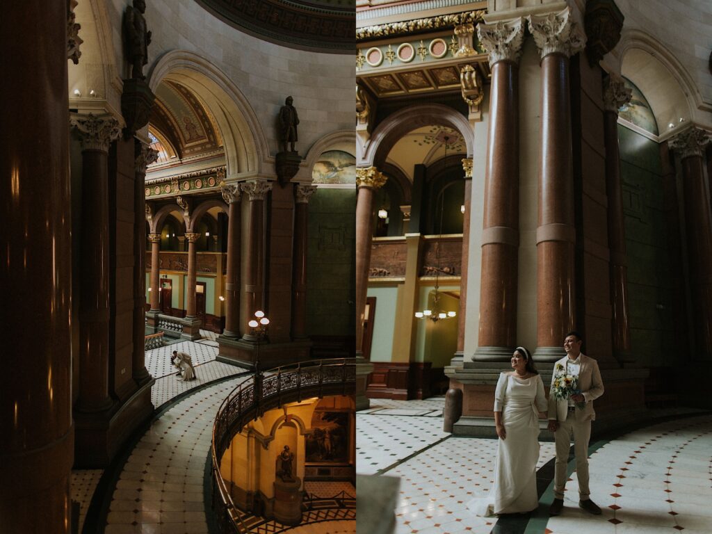 2 photos side by side of a bride and groom inside the center space of the Illinois Capitol Building, the left photo is further away with them kissing one another, the right is closer to the couple with them holding hands and looking left