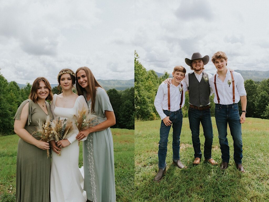 2 photos side by side, the left is of a bride with her two bridesmaids, the right is of the groom with his two groomsmen, each photo has the group smiling at the camera