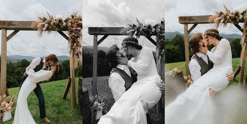 3 photos side by side, the left is of a bride and groom kissing underneath a wedding arch, the middle is a black and white photo of them kissing while the groom holds the bride, the right photo is the same as the middle but in color