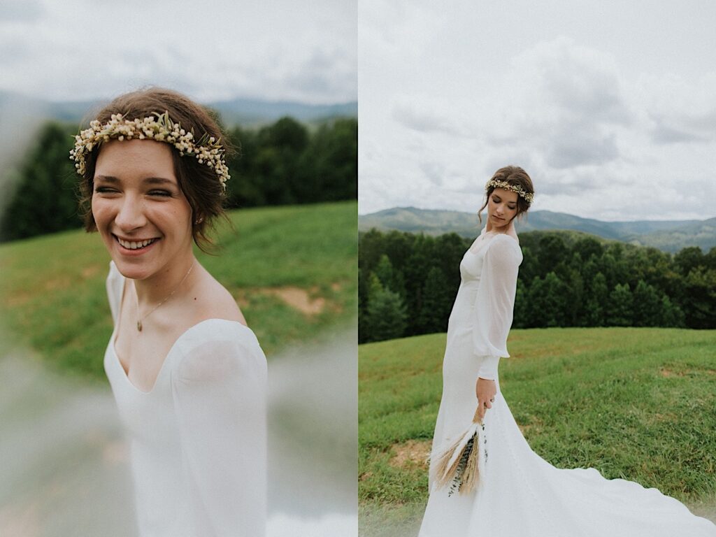 2 photos side by side, the left is a close up photo of a bride smiling, the right photo is a portrait of the same bride standing on a hilltop looking down at her bouquet