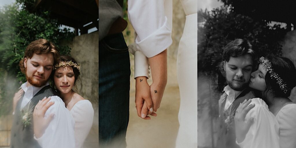 3 photos side by side, the left is of a bride hugging a groom from behind as they both close their eyes, the middle is a close up of their hands holding one another, the right is a black and white photo of the bride kissing the groom's cheek