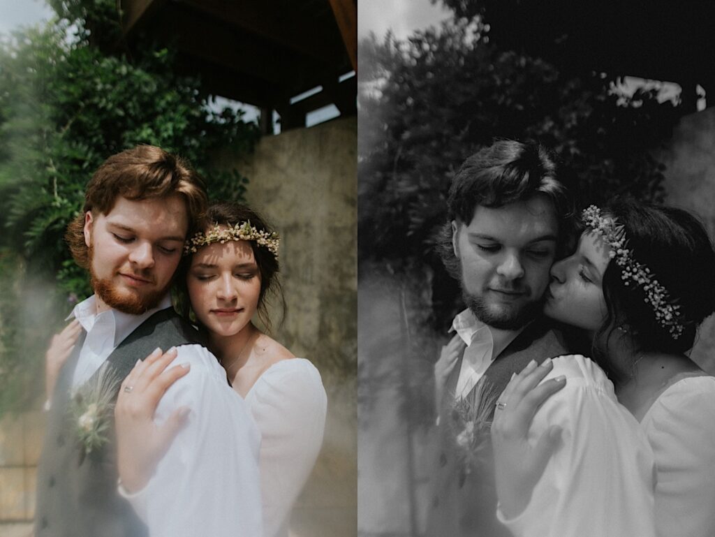 2 photos side by side, the left is of a bride hugging a groom from behind while they both close their eyes, the right is a black and white photo of them in the same position but the bride is kissing the groom's cheek