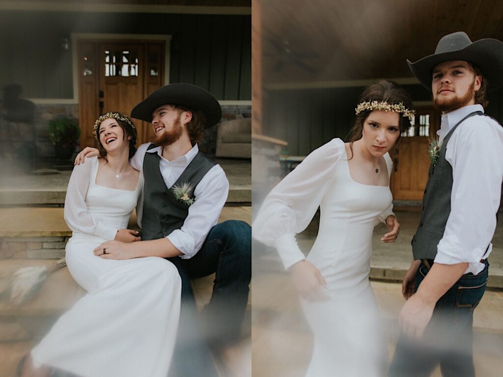 2 photos side by side, the left is of a bride and groom sitting on the steps outside a house together and laughing, the right is of the same couple standing and acting tough in front of the camera