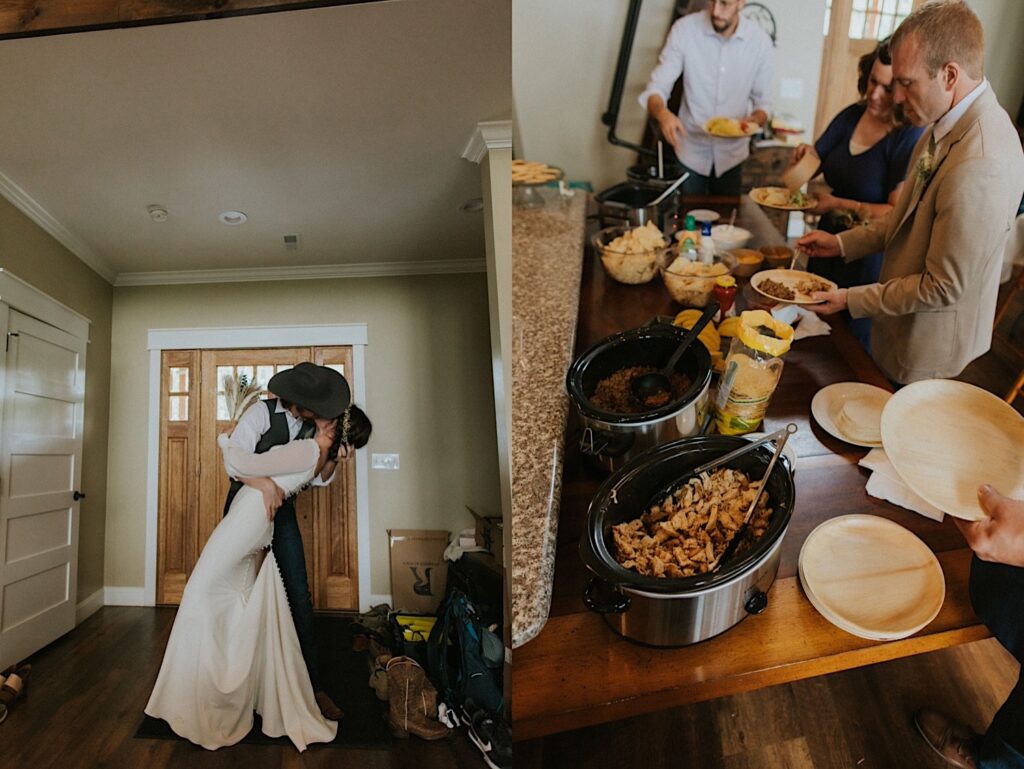 2 photos side by side, the left is of a bride and groom kissing in the entryway of a home, the right is of food on a table as guests of the wedding fill their plates