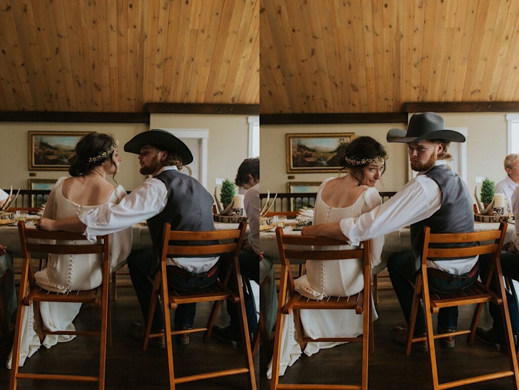 2 photos side by side, the left is of a bride and groom sitting at a table next to one another about to kiss, the right is of them in the same position but looking at the camera instead