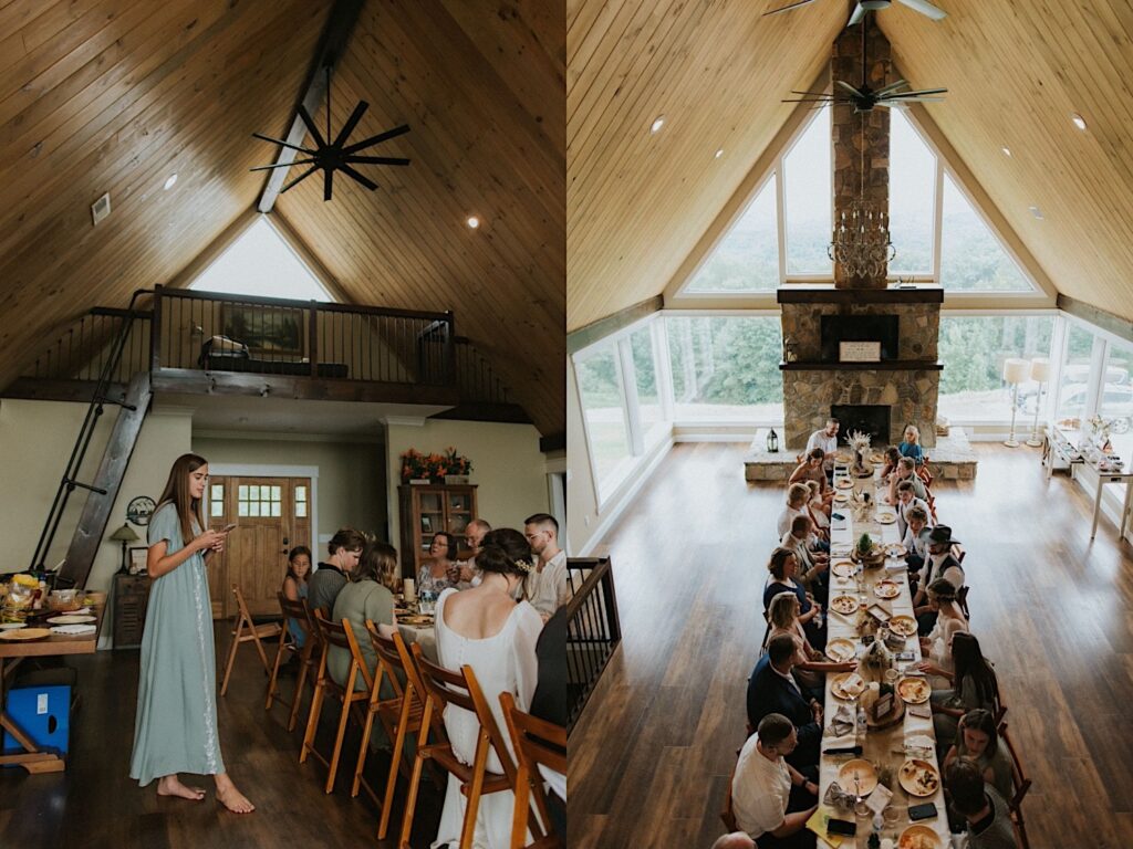 2 photos side by side, the left is of a bridesmaid standing and giving a speech during the reception of a wedding inside a house, the right is an aerial photo of the table from the previous photo with guests seated at the table