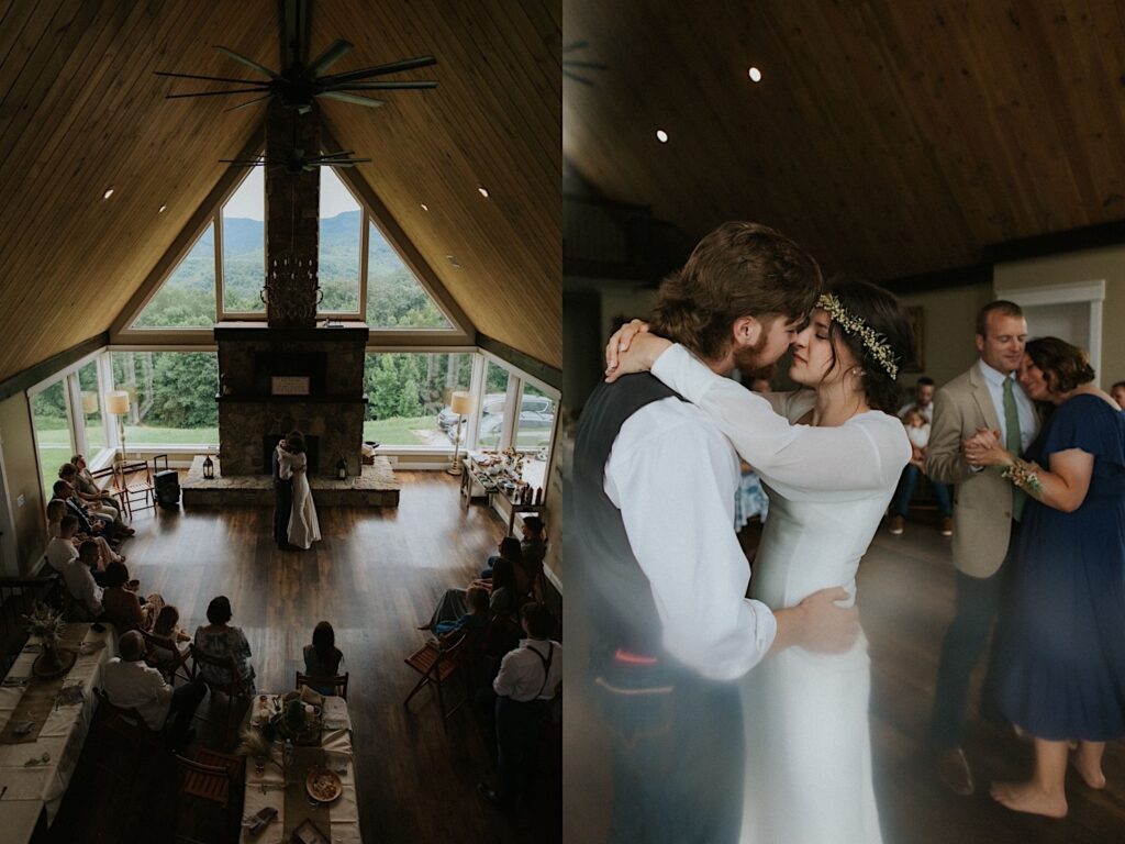 2 photos side by side, the left is of a bride and groom dancing in a living room as guests watch, the right is a close up photo of the couple dancing