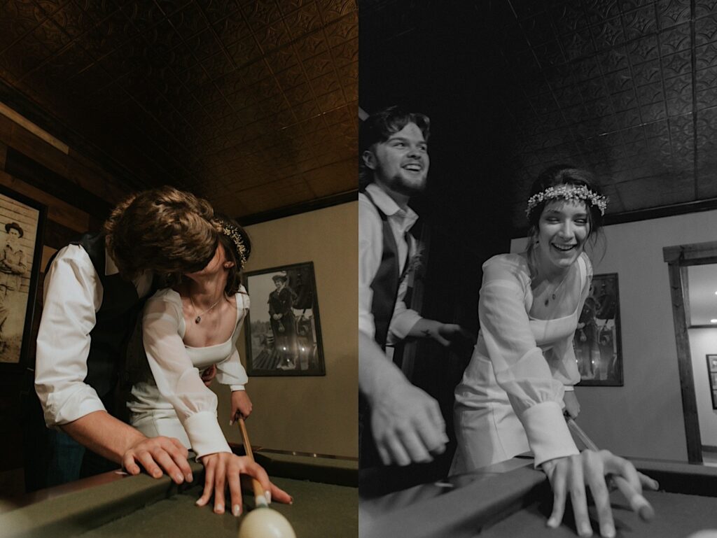 2 photos side by side, the left is of a bride and groom kissing one another as the bride is about to play pool, the right is a black and white photo of the same couple laughing afterwards