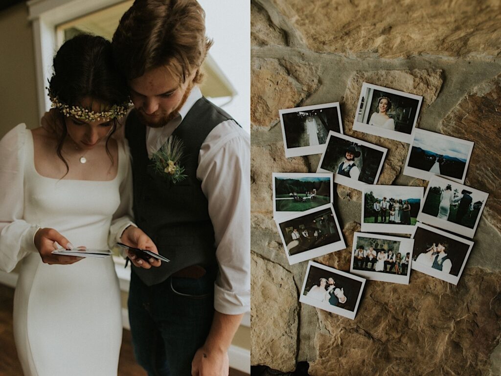 2 photos side by side, the left is of a bride and groom looking at polaroid photos together, the right is of those polaroid photos displayed on the stone floor