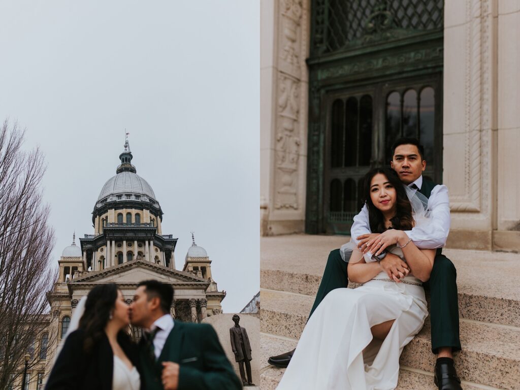 2 photos side by side, the left is of a couple in their wedding attire kissing one another in front of the Illinois Capitol Building, the right is of the same couple sitting together on the stairs of the building looking at the camera