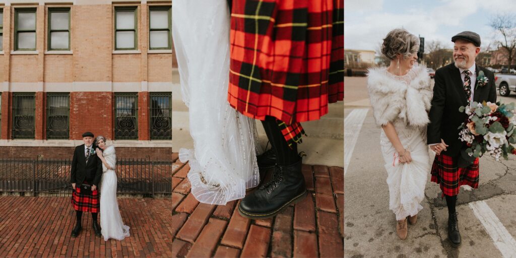 3 photos side by side of a bride and groom, the left is of the two posing next to one another outside Union Square Park, the middle is a close up of their shoes with the man wearing a kilt, the right is of the couple walking across a crosswalk while holding hands