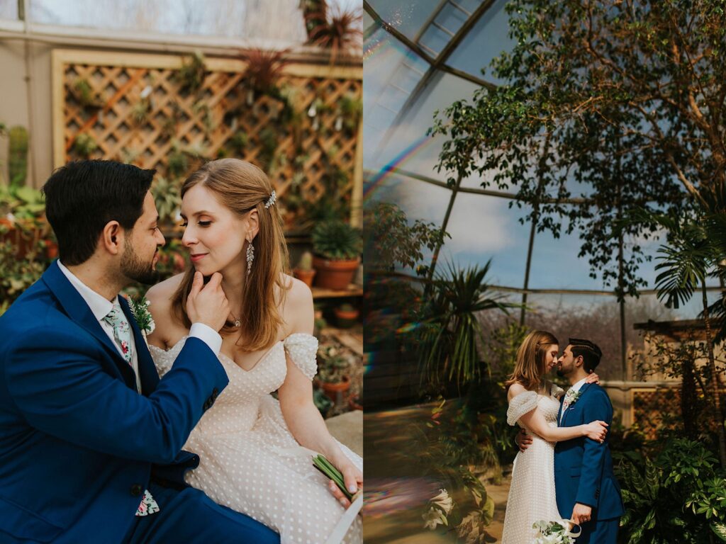2 photos side by side of a bride and groom inside the botanical gardens at Washington Park, the left is of them sitting and the groom's hand is on the bride's chin as they are about to kiss, the right is of them standing and embracing about to kiss