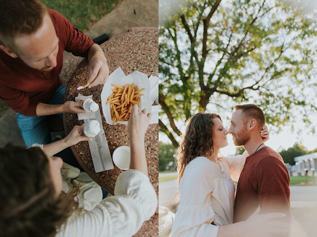 2 photos side by side of an engaged couple, the left is a top down photo of them sitting at a table in a park eating ice cream and french fries, the right is of them standing in front of a tree about to kiss as the sun sets behind them
