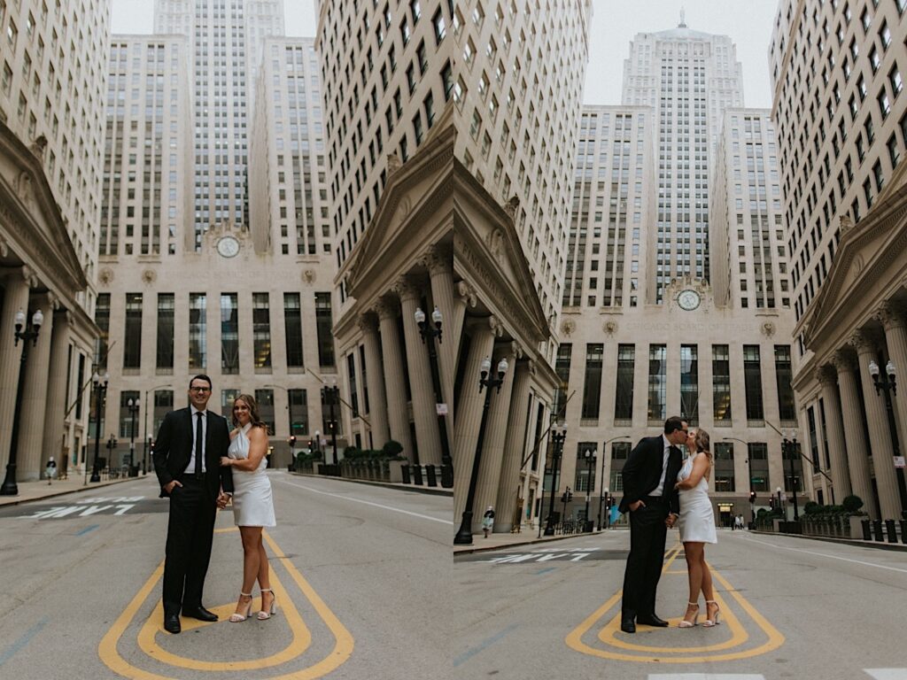 2 photos side by side of a couple standing in a street of Chicago with buildings all around them, in the left photo they are smiling and in the right they are kissing