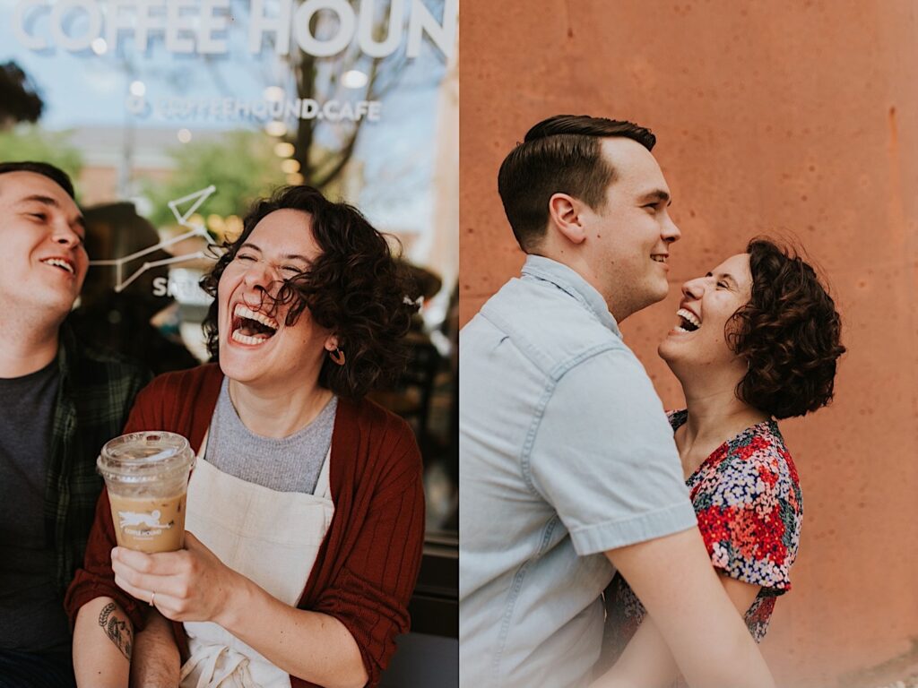 2 photos side by side of an engaged couple, the left is of them sitting outside of a coffee show together and laughing, the right is of them hugging and laughing while standing in front of a brick wall