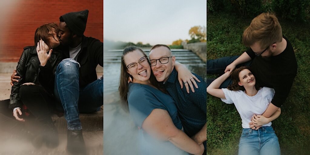 3 photos side by side, the left is of a couple sitting in front of a brick wall kissing one another, the middle is of a couple embracing and sticking their tongues out at the camera, the right is of a woman laying down with her head resting on the lap of the man