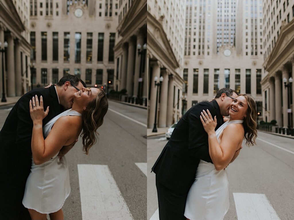 2 photos side by side of a man hugging a woman and kissing her on the neck while she smiles as they stand on a street of Chicago