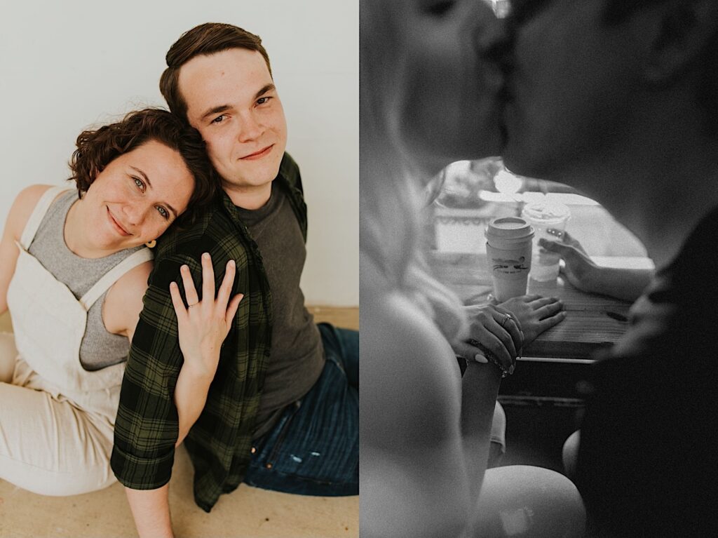 2 photos side by side, the left is of a couple sitting back to back and smiling at the camera, the right is a black and white photo of a couple kissing in the foreground, their coffee sits in the background in focus
