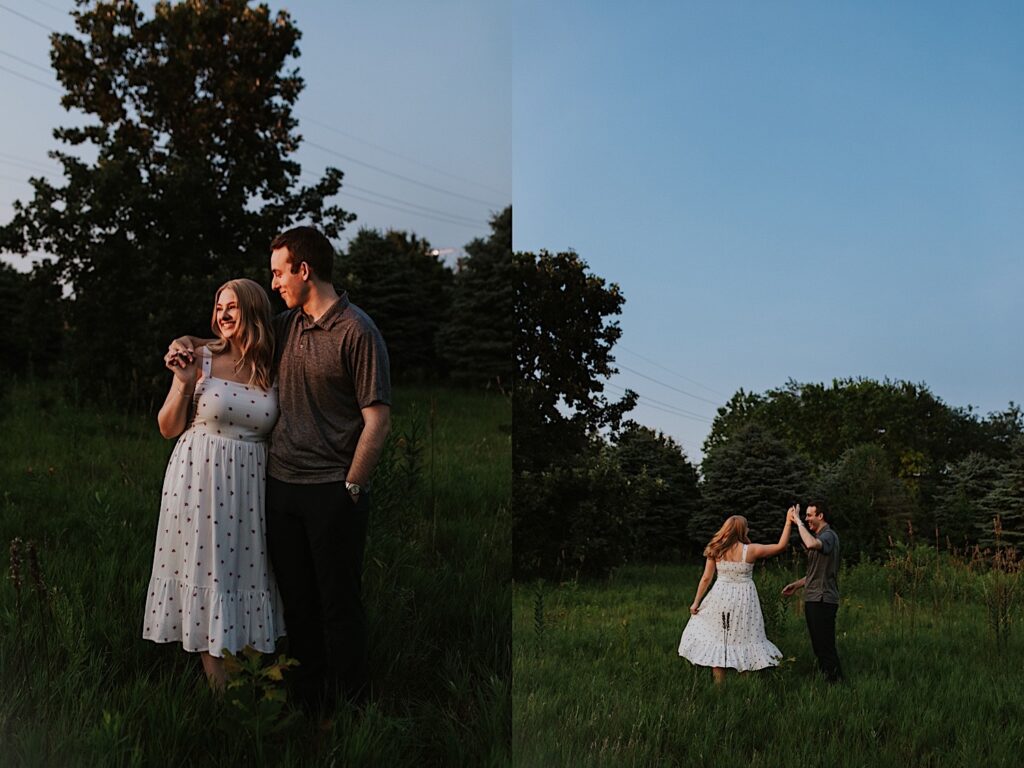 2 photos side by side of an engaged couple, the left is of them standing in a field and embracing one another while smiling, the right is of them in the same field dancing