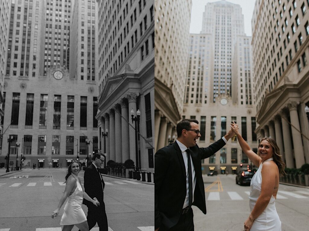 2 photos side by side, the left is black and white of a couple smiling while crossing a street of Chicago together, the right is of the couple dancing in the street together