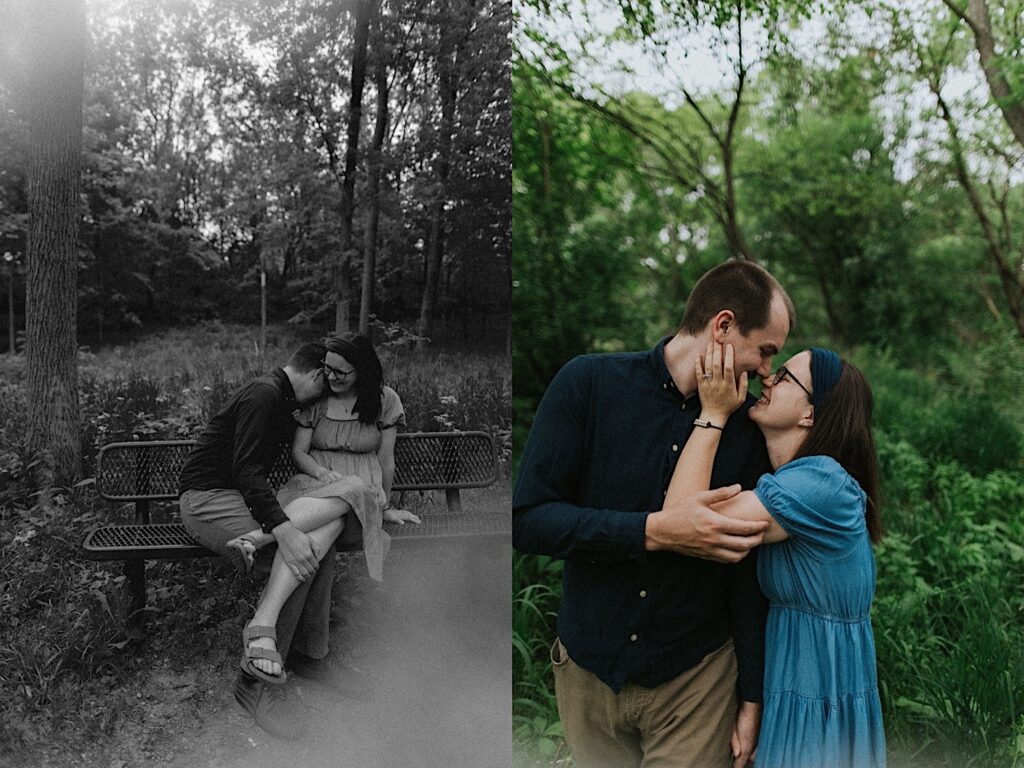 2 photos side by side of an engaged couple, the left is of them sitting on a park bench laughing in black and white, the right is of them standing in a forest about to kiss while smiling