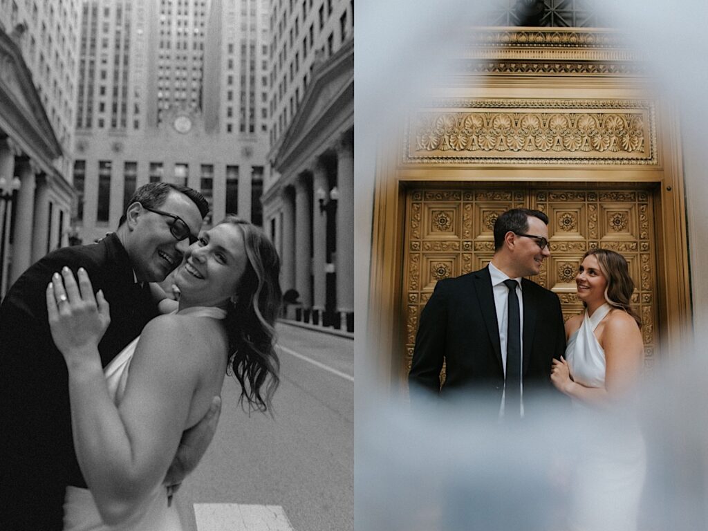 2 photos side by side, the left is black and white of a couple smiling while standing on a street of Chicago, the right is of the couple standing in front of a gold doorway