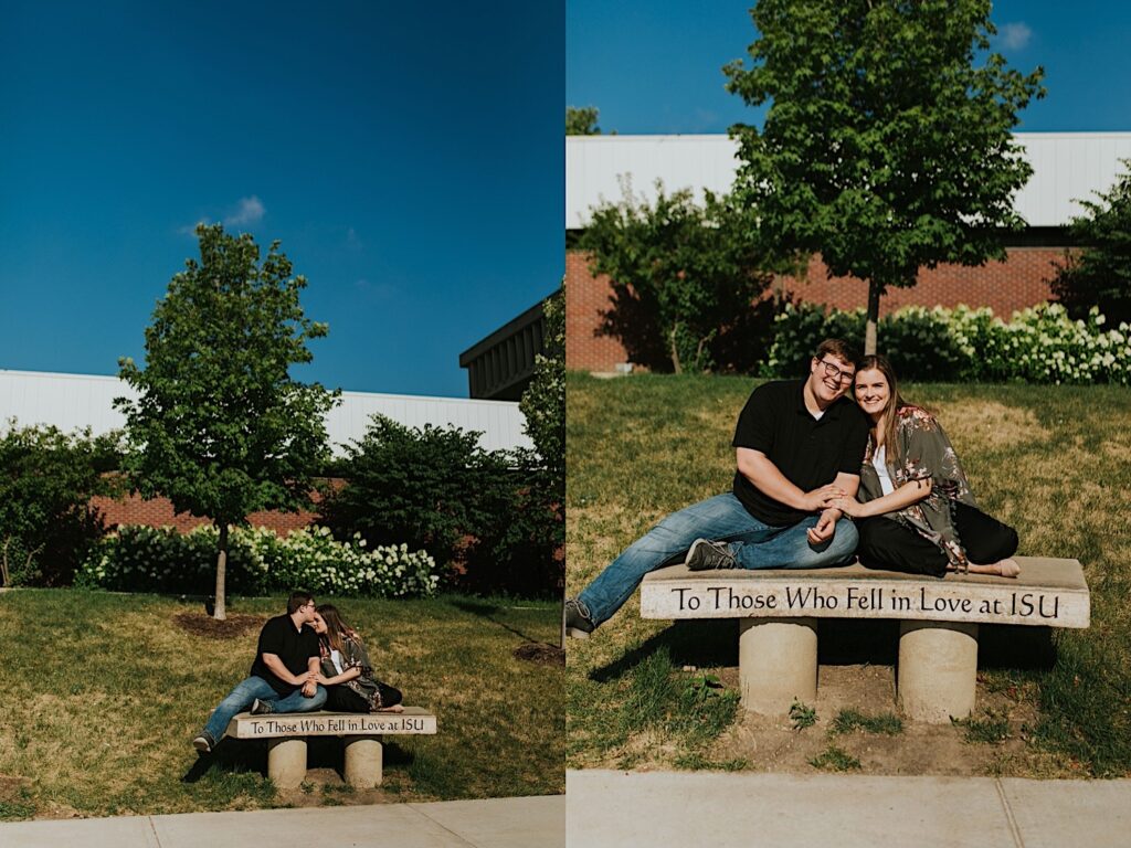 2 photos side by side of a couple sitting on an outdoor bench that reads "To Those Who Fell in Love at ISU" in the left photo the man is kissing the woman's forehead and in the right they are smiling at the camera