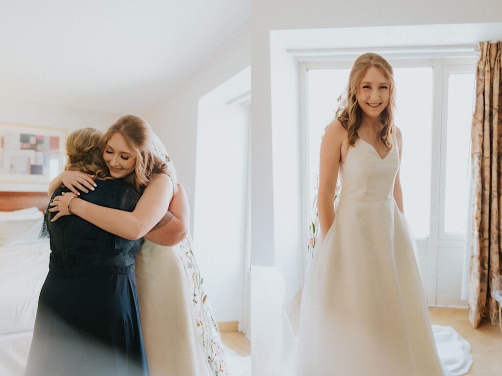 2 photos side by side, the left is of a bride smiling while hugging her mother, the right is of the bride smiling at the camera while standing in front of a window