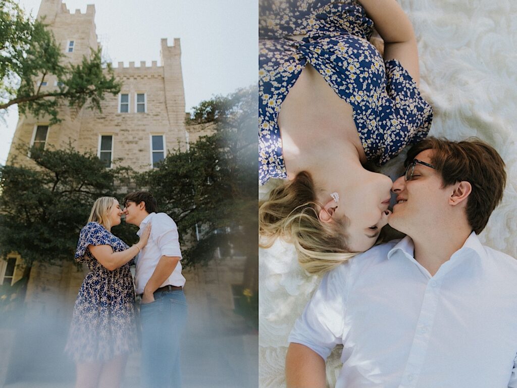 2 photos side by side of an engaged couple, the left is of them standing in front of an old brick building about to kiss, the right is of them laying on a white blanket in opposite directions with their heads next to one another about to kiss