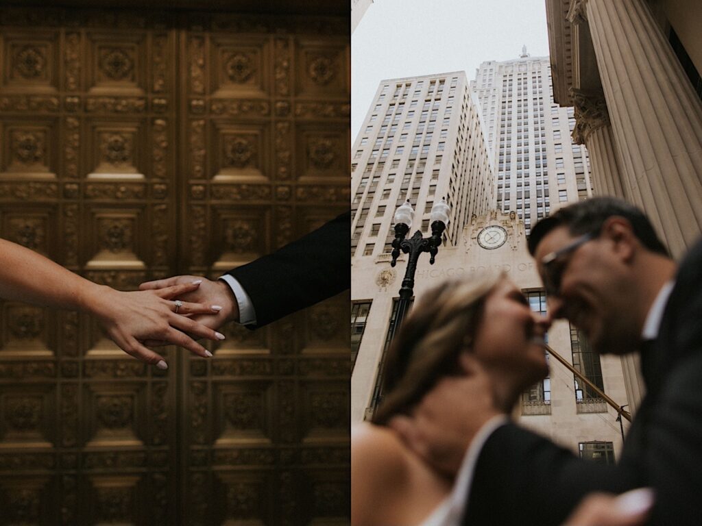 2 photos side by side, the left is of 2 hands reaching out to one another in front of a gold doorway and the woman's hand has an engagement ring on it, the right is of a couple about to kiss while skyscrapers loom above them