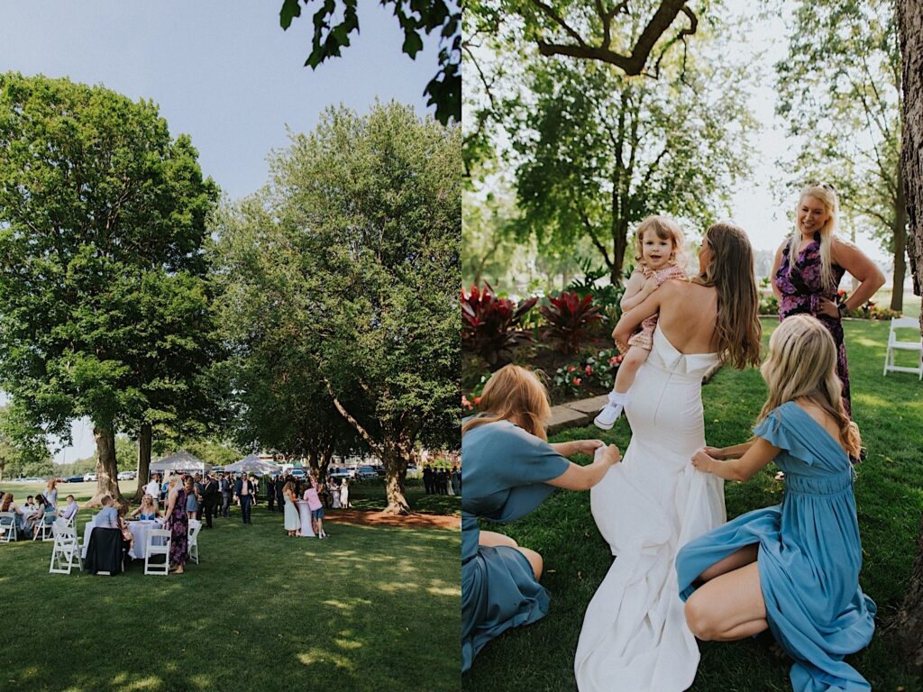 2 photos side by side, the left is of an outdoor cocktail hour taking place in a park, the right is of a bride holding a small child while her bridesmaids fix her wedding dress