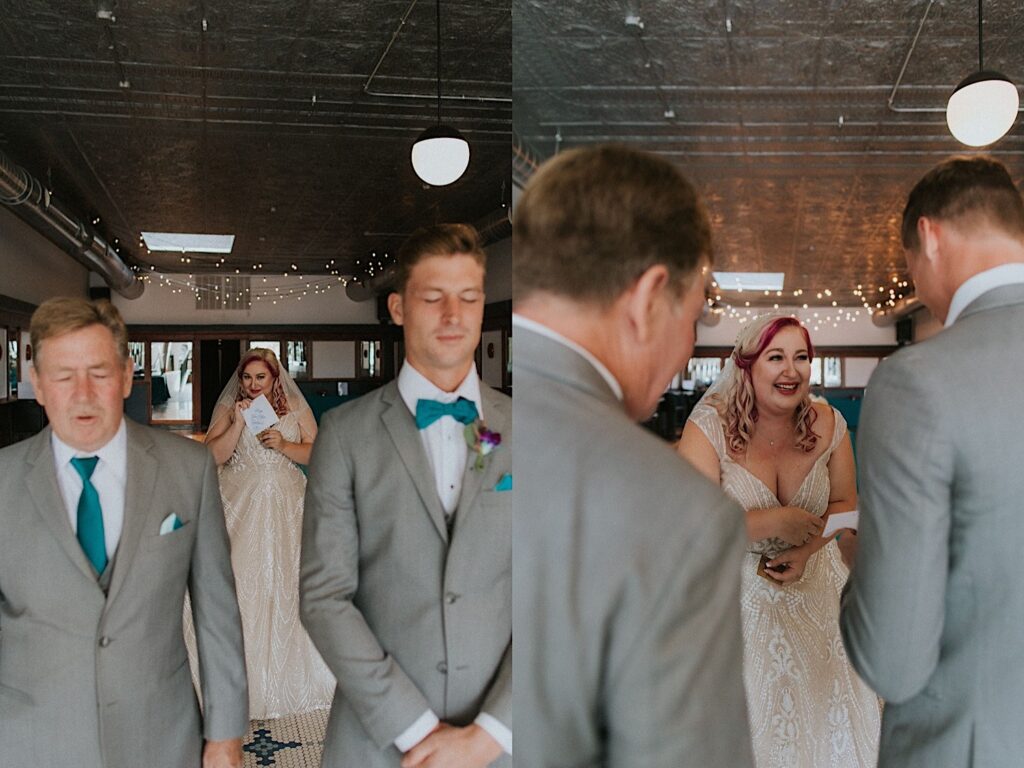 2 photos side by side of a bride standing with two men in suits, in the left photo the men are facing away with their eyes closed before the first look with the bride, in the right photo they've turned around and see the smiling bride